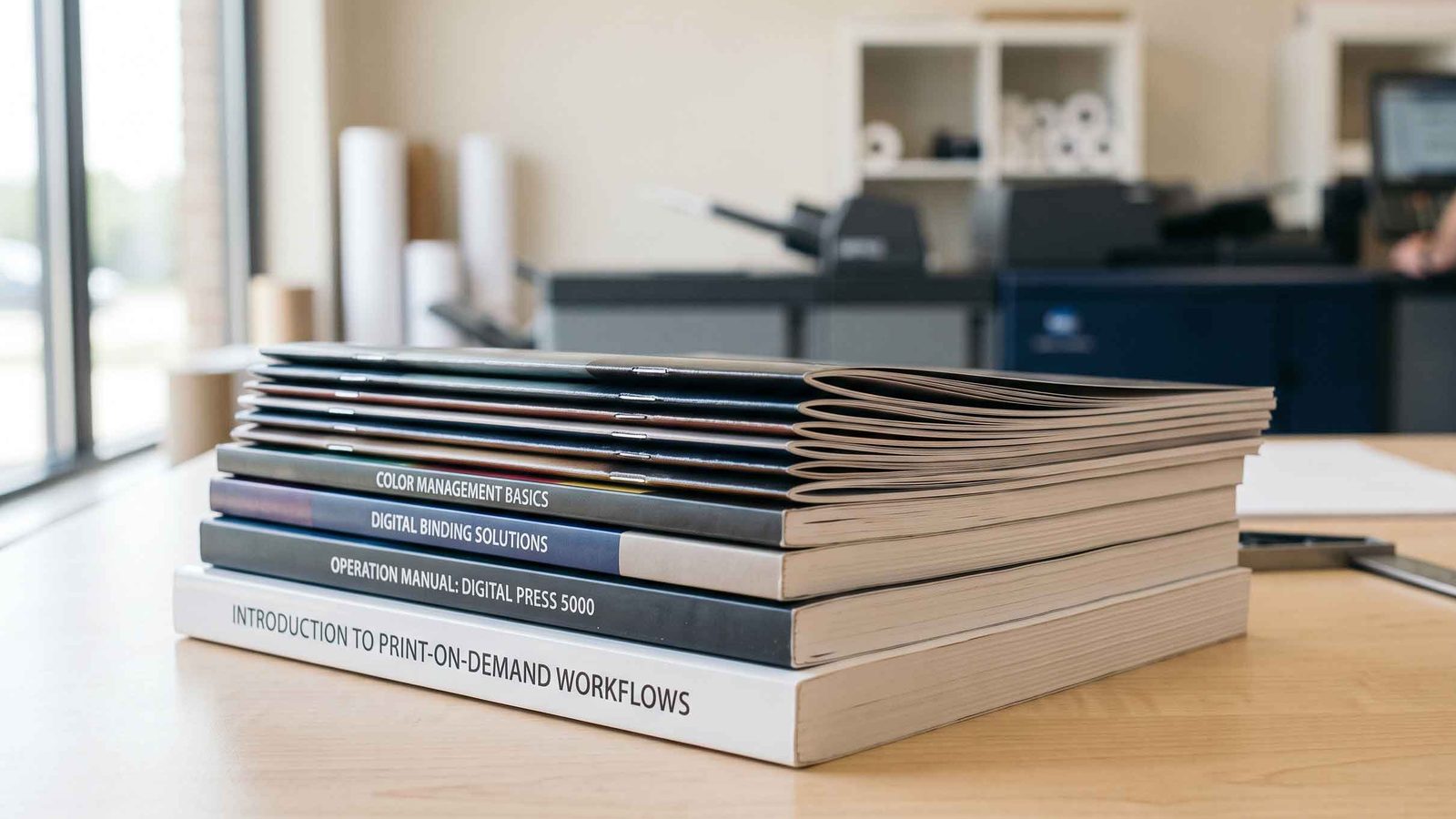 A stack of finished manuals and booklets on a workbench, saddle-stitched and perfect-bound, with a digital press behind them